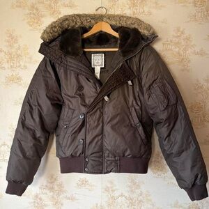 Vintage Polo Jeans Ralph Lauren brown hooded faux fur bomber down puffer jacket